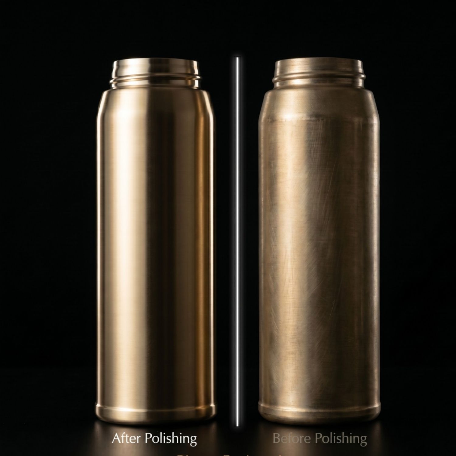 Brass drawn bottle before and after magnetic polishing